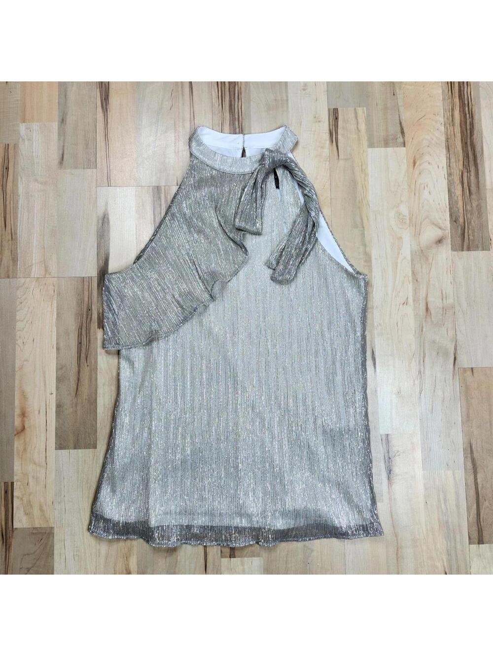 White House Black Market Elegant Silver Metallic Halter Neck Ruffled Top Med